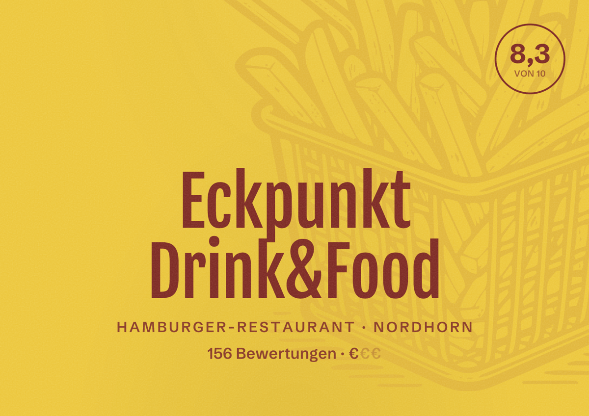 Illustriertes Poster von Eckpunkt Drink&Food, Hamburger-Restaurant in Nordhorn: Bewertung 8,3 von 10 aus 156 Bewertungen, Preisniveau €