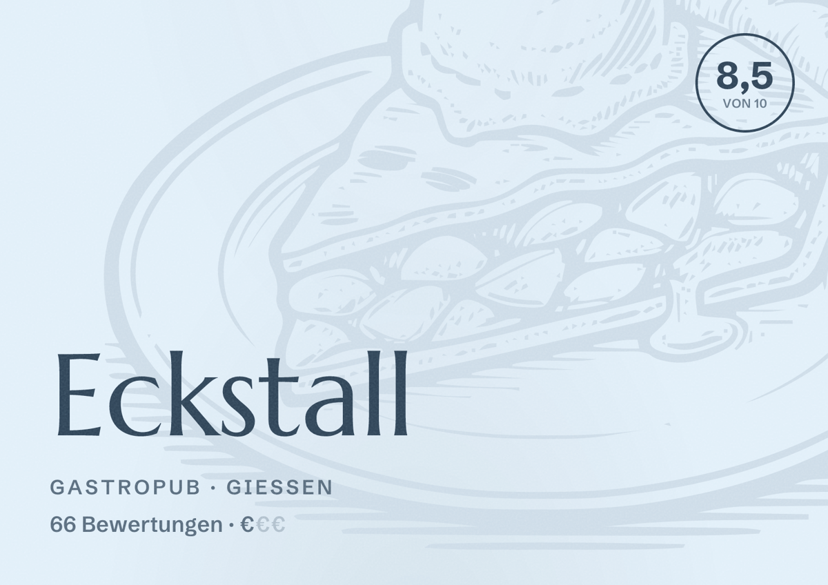 Illustriertes Poster von Eckstall, Gastropub in Gießen: Bewertung 8,5 von 10 aus 66 Bewertungen, Preisniveau €