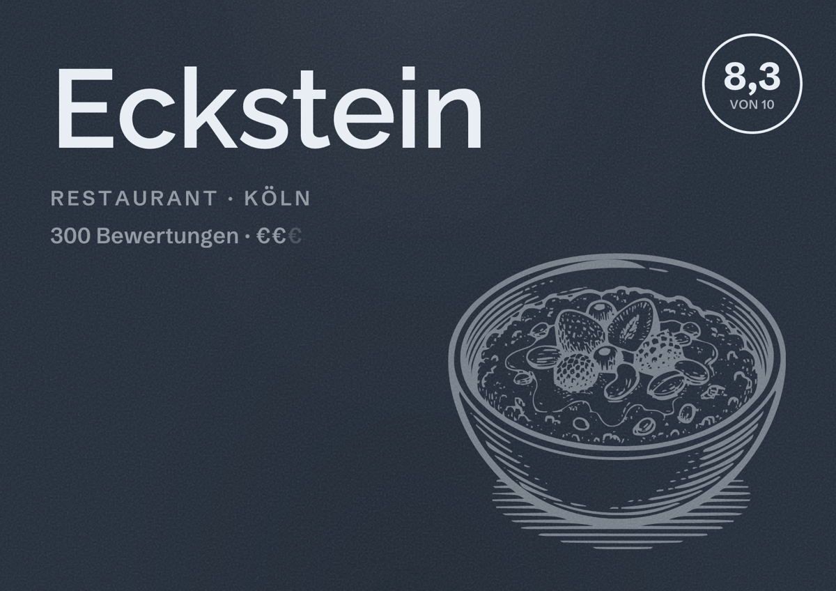 Illustriertes Poster von Eckstein, Restaurant in Köln: Bewertung 8,3 von 10 aus 300 Bewertungen, Preisniveau €€