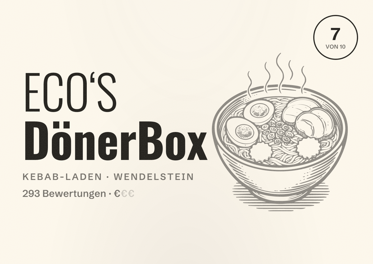 Illustriertes Poster von ECO‘S DönerBox, Kebab-Laden in Wendelstein: Bewertung 7 von 10 aus 293 Bewertungen, Preisniveau €