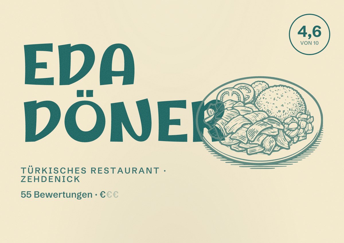 Illustriertes Poster von EDA DÖNER, Türkisches Restaurant in Zehdenick: Bewertung 4,6 von 10 aus 55 Bewertungen, Preisniveau €