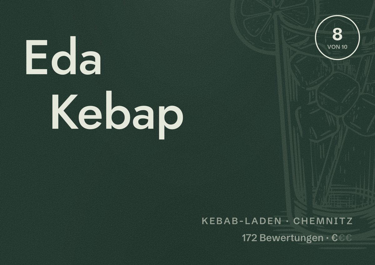 Illustriertes Poster von Eda Kebap, Kebab-Laden in Chemnitz: Bewertung 8 von 10 aus 172 Bewertungen, Preisniveau €