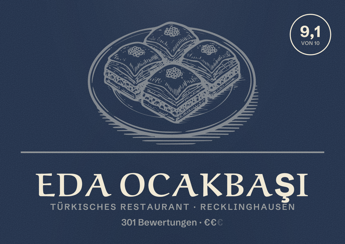 Illustriertes Poster von Eda Ocakbaşı, Türkisches Restaurant in Recklinghausen: Bewertung 9,1 von 10 aus 301 Bewertungen, Preisniveau €€