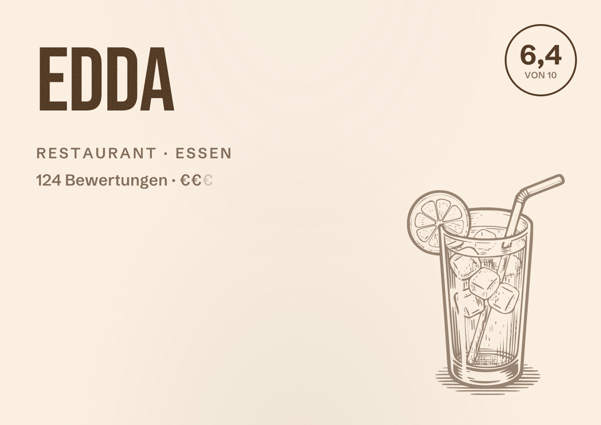 Illustriertes Poster von Edda, Restaurant in Essen: Bewertung 6,4 von 10 aus 124 Bewertungen, Preisniveau €€