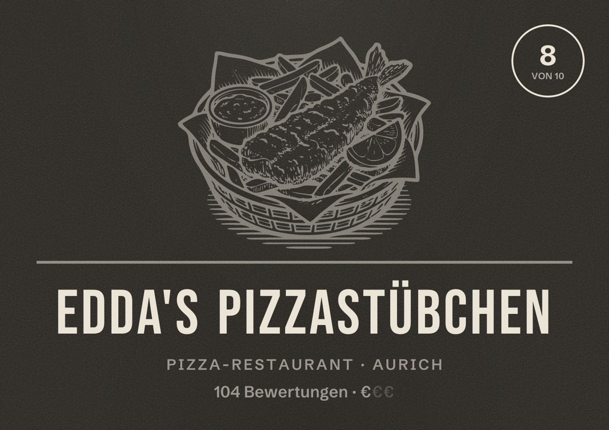 Illustriertes Poster von Edda's Pizzastübchen, Pizza-Restaurant in Aurich: Bewertung 8 von 10 aus 104 Bewertungen, Preisniveau €