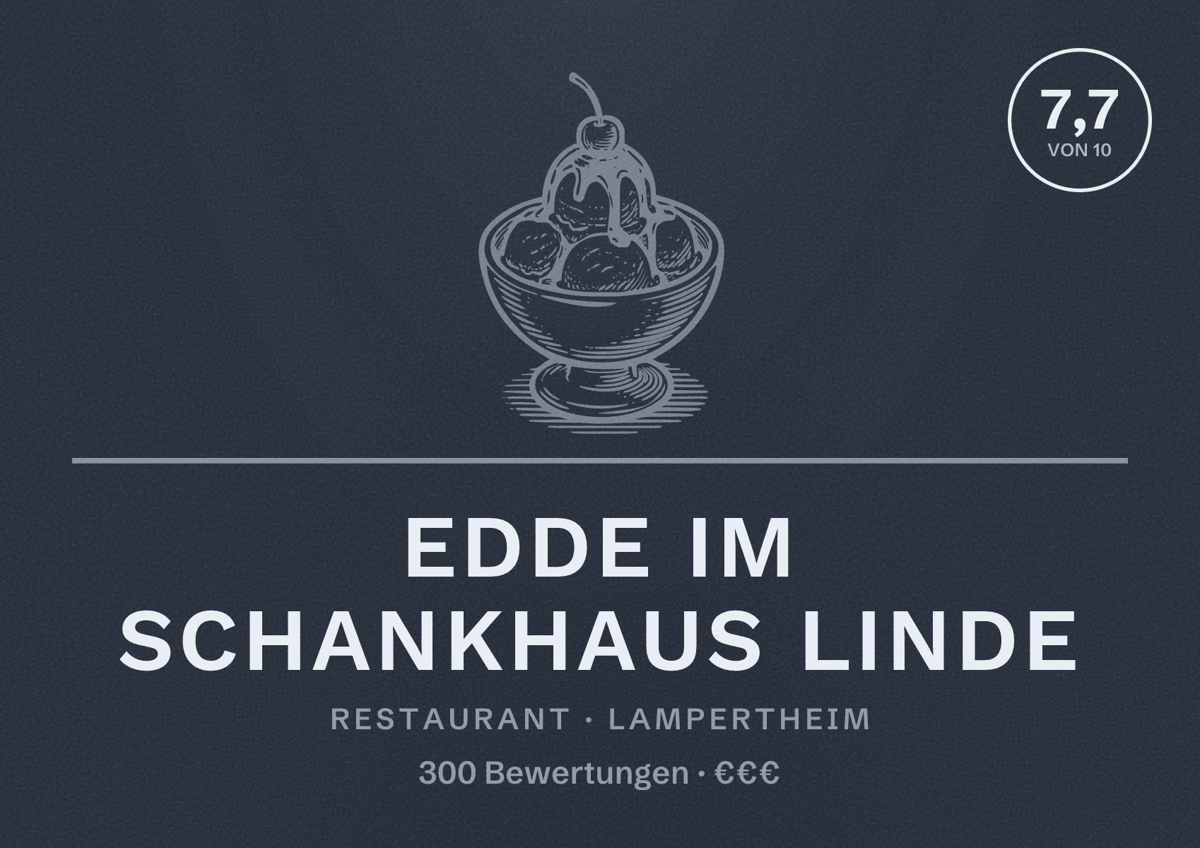 Illustriertes Poster von Edde im Schankhaus Linde, Restaurant in Lampertheim: Bewertung 7,7 von 10 aus 300 Bewertungen, Preisniveau €€€