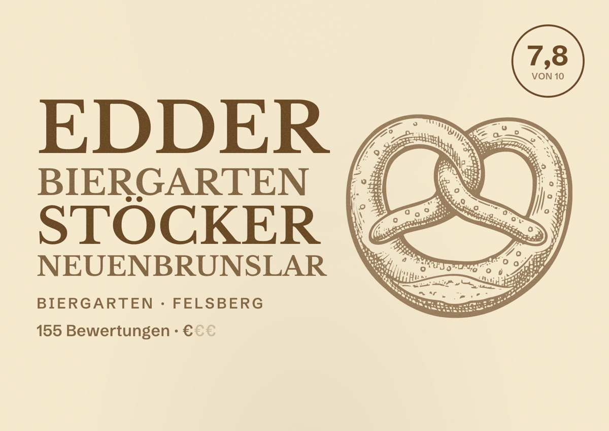 Illustriertes Poster von Edder Biergarten Stöcker Neuenbrunslar, Biergarten in Felsberg: Bewertung 7,8 von 10 aus 155 Bewertungen, Preisniveau €