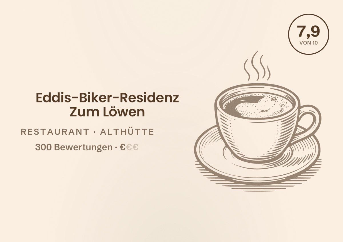 Illustriertes Poster von Eddis-Biker-Residenz Zum Löwen, Restaurant in Althütte: Bewertung 7,9 von 10 aus 300 Bewertungen, Preisniveau €