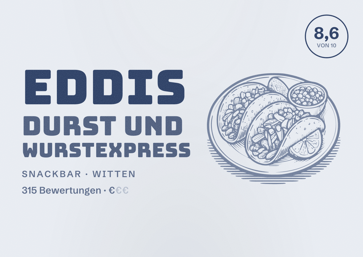Illustriertes Poster von Eddis Durst und Wurstexpress, Snackbar in Witten: Bewertung 8,6 von 10 aus 315 Bewertungen, Preisniveau €
