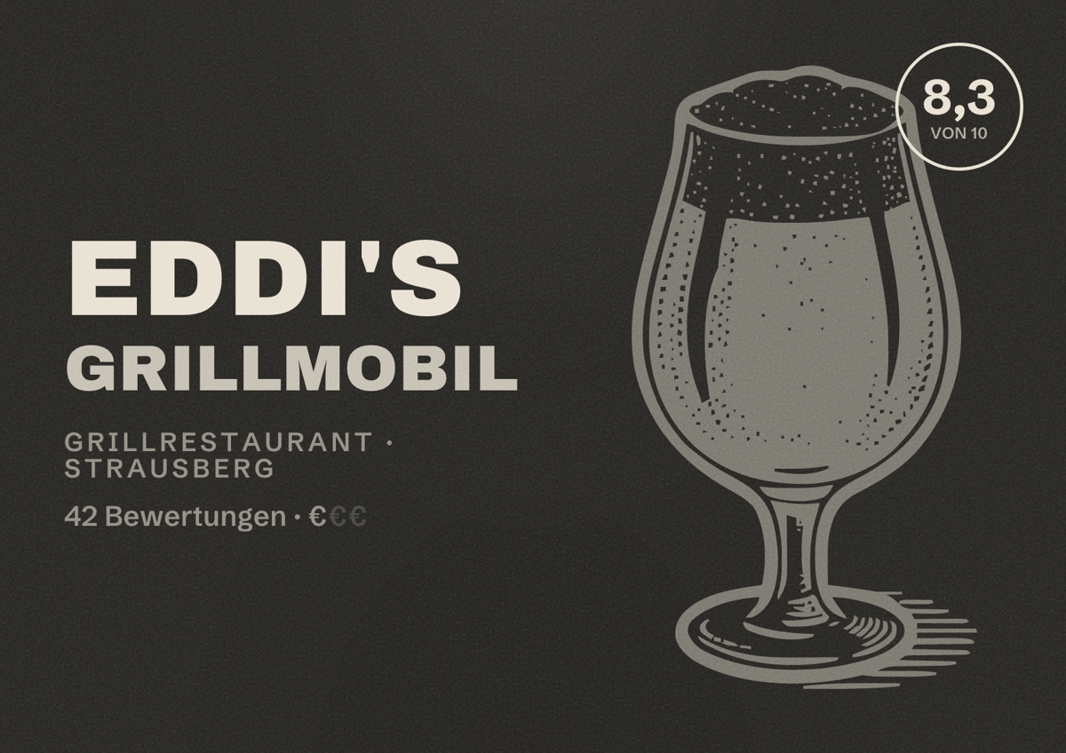 Illustriertes Poster von Eddi's Grillmobil, Grillrestaurant in Strausberg: Bewertung 8,3 von 10 aus 42 Bewertungen, Preisniveau €