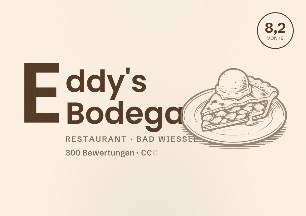Illustriertes Poster von Eddy's Bodega, Restaurant in Bad Wiessee: Bewertung 8,2 von 10 aus 300 Bewertungen, Preisniveau €€