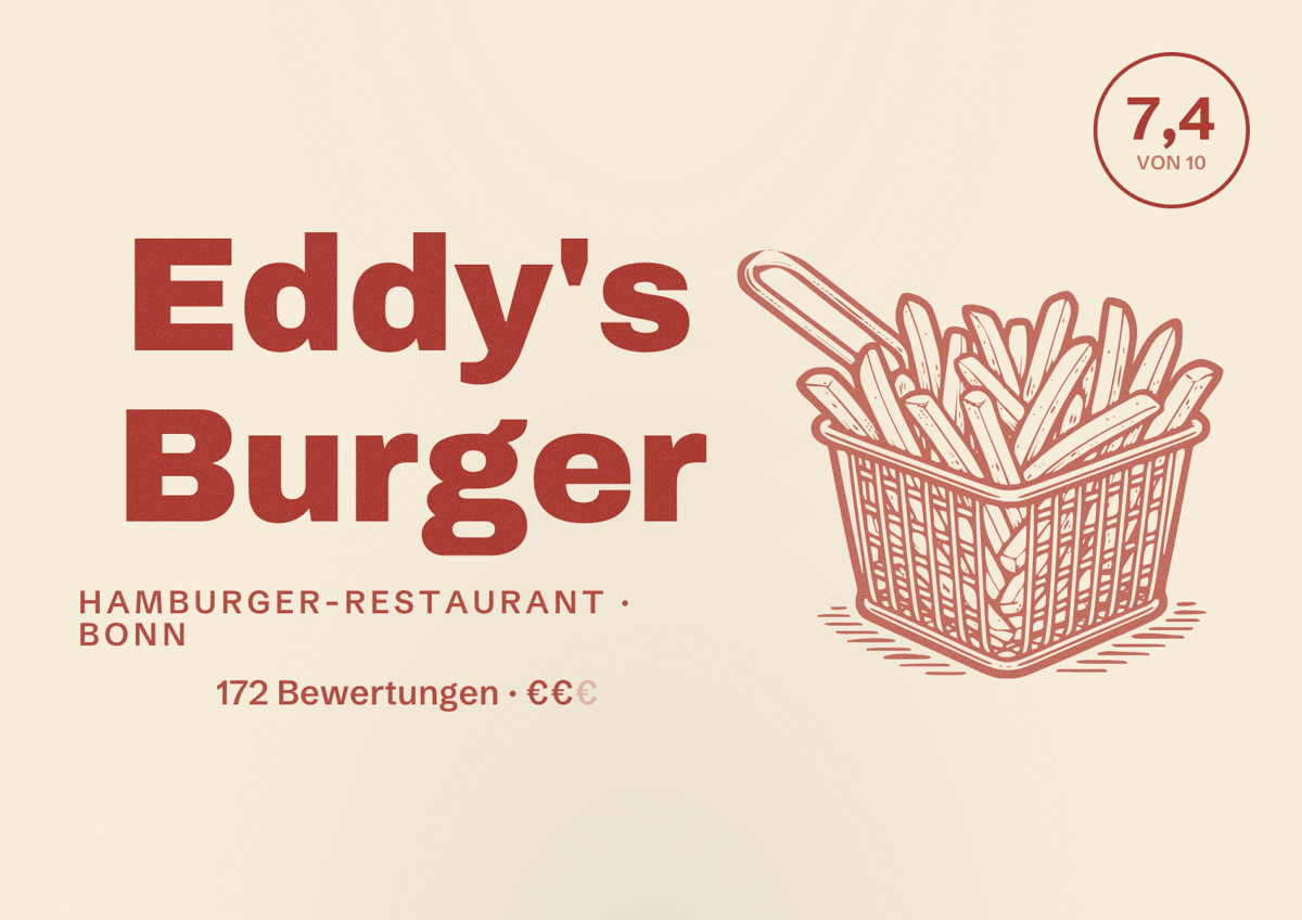 Illustriertes Poster von Eddy's Burger, Hamburger-Restaurant in Bonn: Bewertung 7,4 von 10 aus 172 Bewertungen, Preisniveau €€