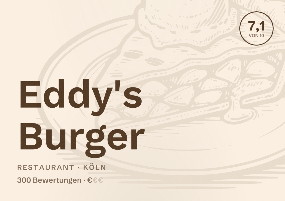 Illustriertes Poster von Eddy's Burger, Restaurant in Köln: Bewertung 7,1 von 10 aus 300 Bewertungen, Preisniveau €