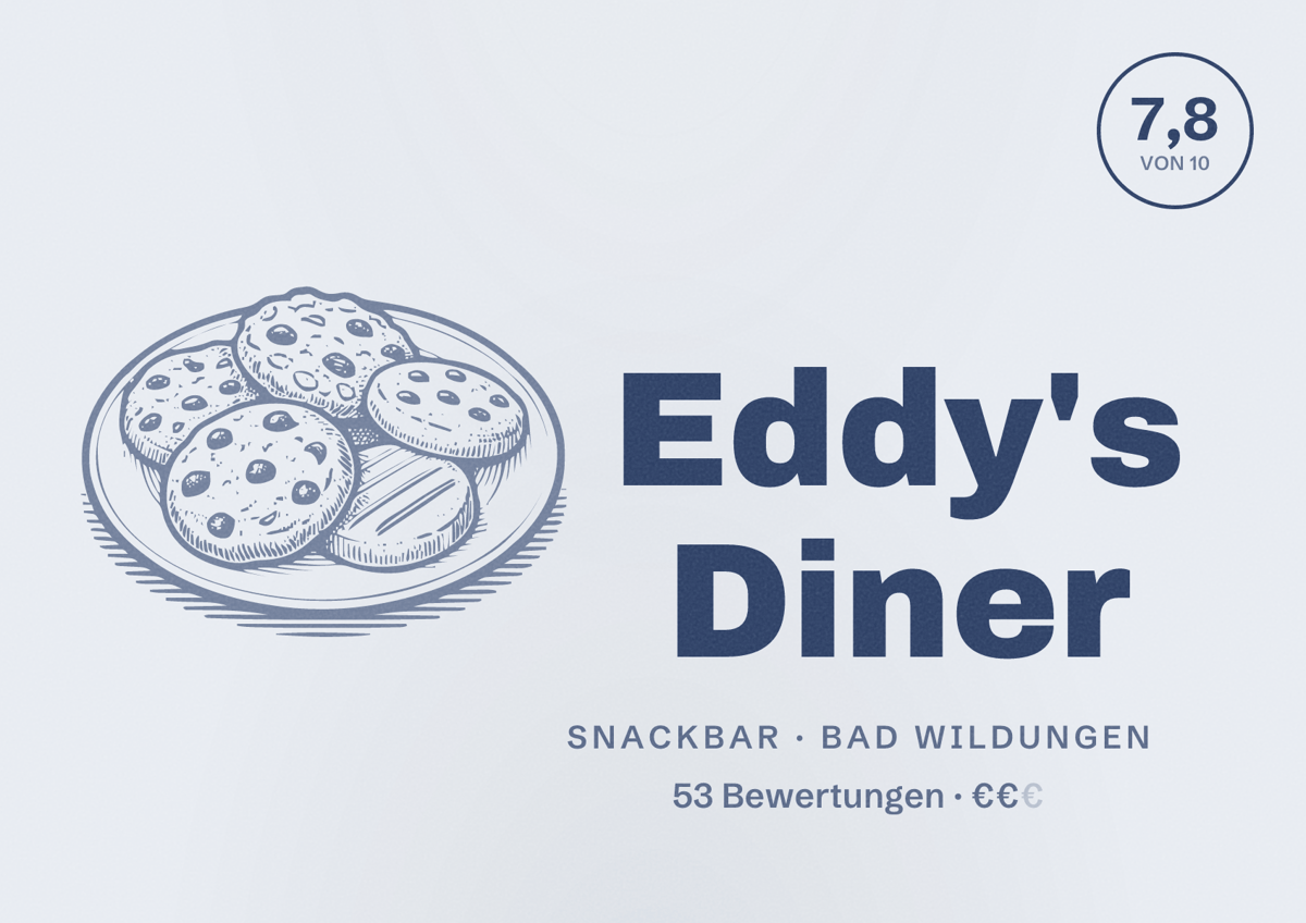 Illustriertes Poster von Eddy's Diner, Snackbar in Bad Wildungen: Bewertung 7,8 von 10 aus 53 Bewertungen, Preisniveau €€