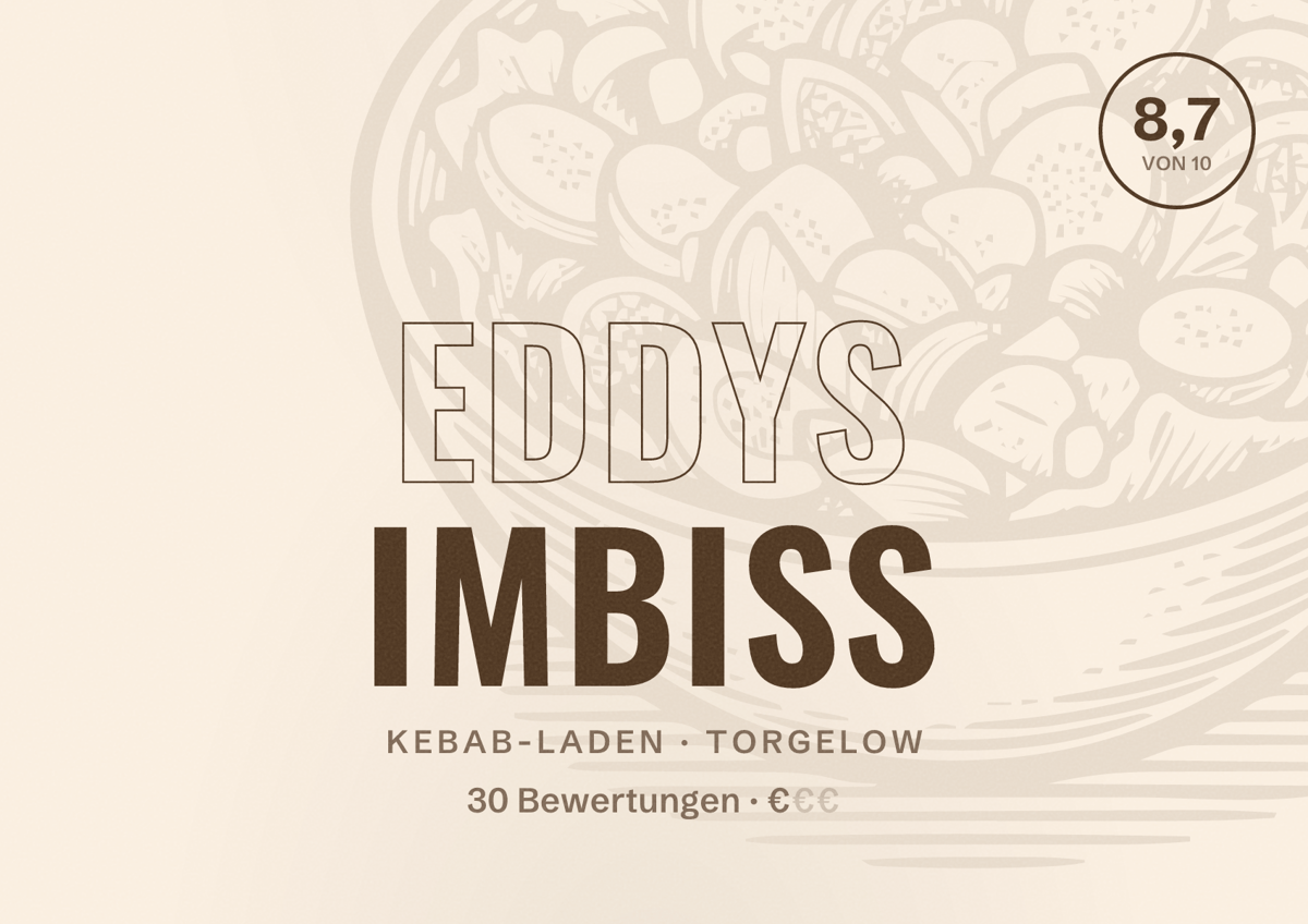 Illustriertes Poster von Eddys Imbiss, Kebab-Laden in Torgelow: Bewertung 8,7 von 10 aus 30 Bewertungen, Preisniveau €