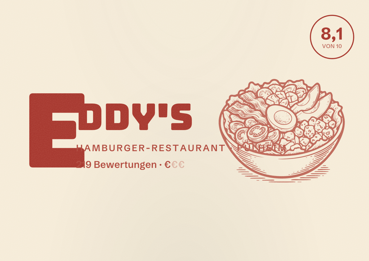 Illustriertes Poster von Eddy's, Hamburger-Restaurant in Pulheim: Bewertung 8,1 von 10 aus 219 Bewertungen, Preisniveau €