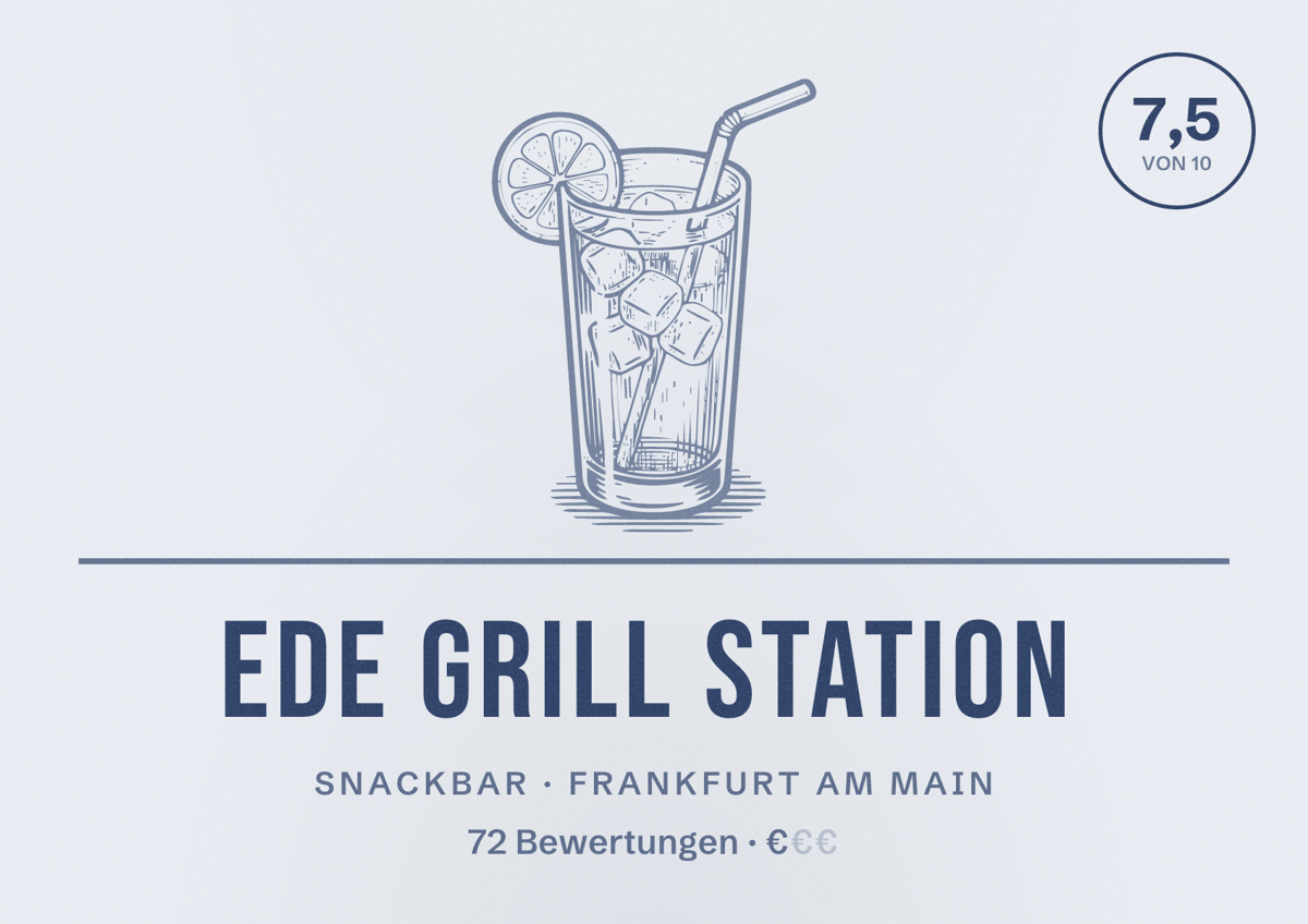 Illustriertes Poster von EDE Grill Station, Snackbar in Frankfurt am Main: Bewertung 7,5 von 10 aus 72 Bewertungen, Preisniveau €