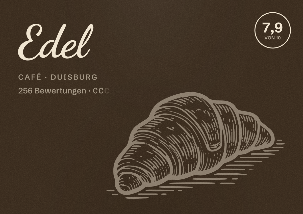 Illustriertes Poster von Edel, Café in Duisburg: Bewertung 7,9 von 10 aus 256 Bewertungen, Preisniveau €€