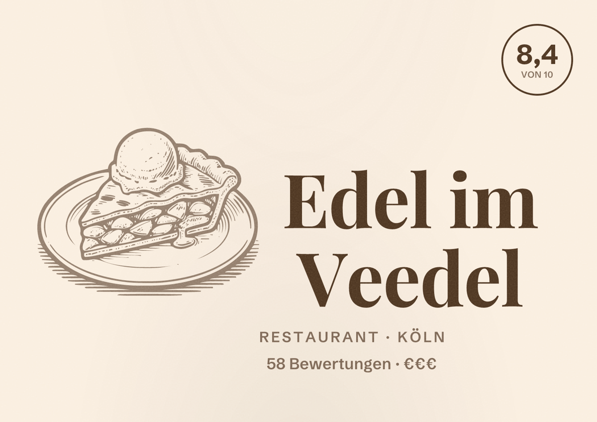 Illustriertes Poster von Edel im Veedel, Restaurant in Köln: Bewertung 8,4 von 10 aus 58 Bewertungen, Preisniveau €€€