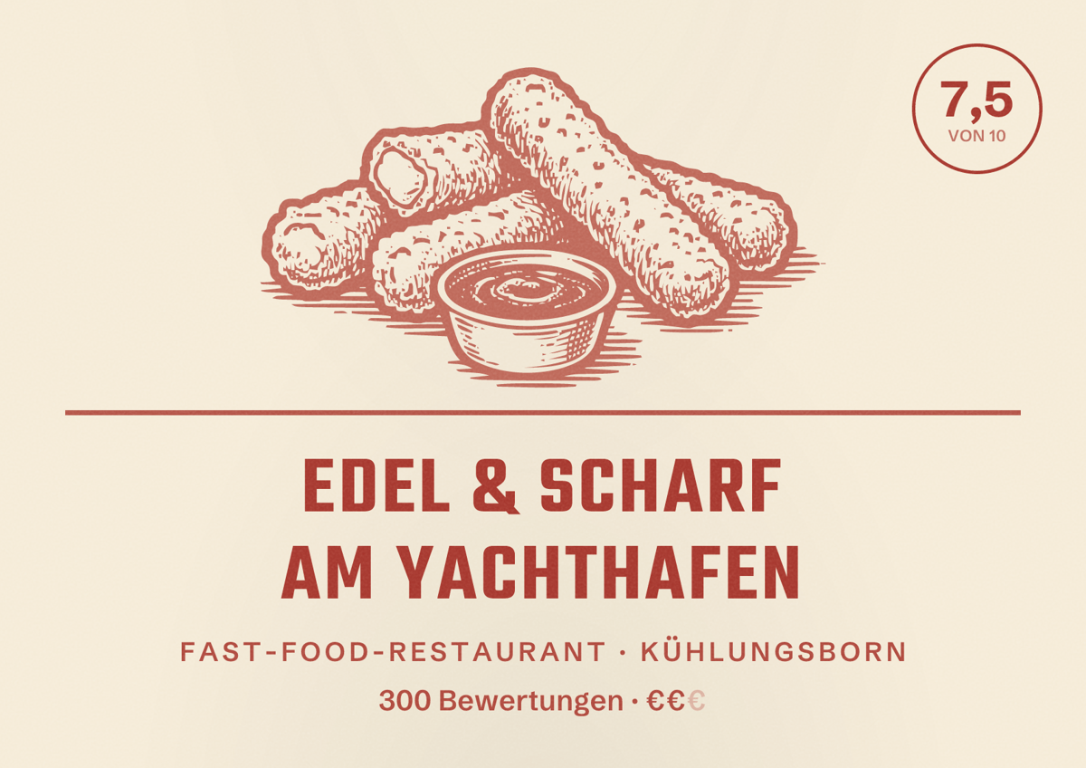 Illustriertes Poster von Edel & Scharf Am Yachthafen, Fast-Food-Restaurant in Kühlungsborn: Bewertung 7,5 von 10 aus 300 Bewertungen, Preisniveau €€