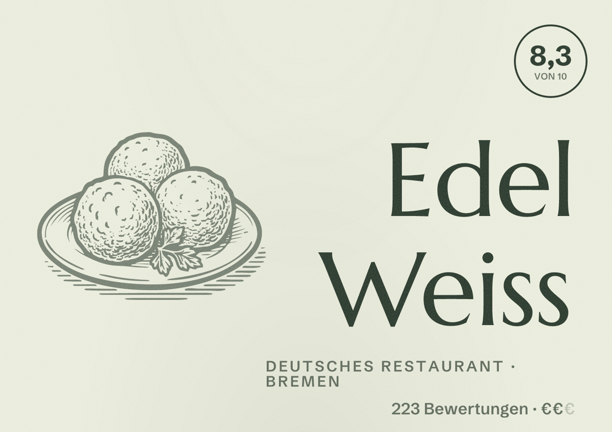 Illustriertes Poster von Edel Weiss, Deutsches Restaurant in Bremen: Bewertung 8,3 von 10 aus 223 Bewertungen, Preisniveau €€