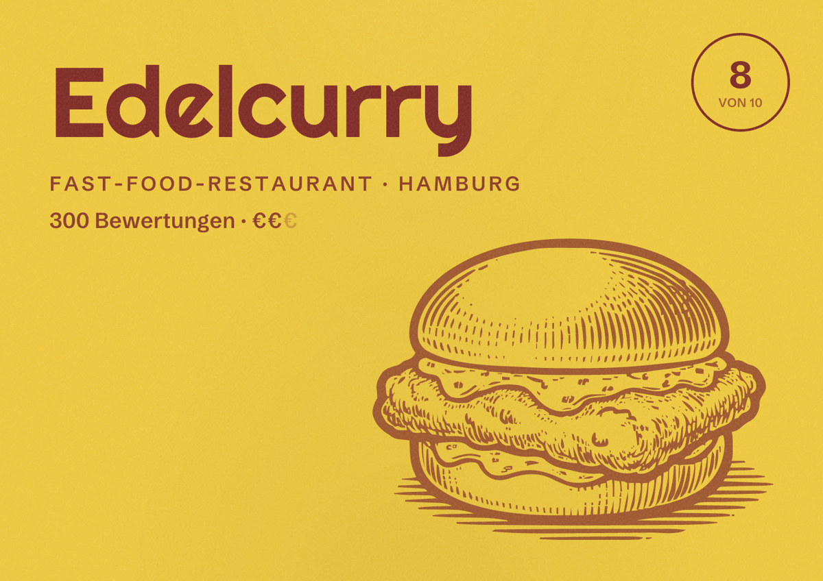 Illustriertes Poster von Edelcurry, Fast-Food-Restaurant in Hamburg: Bewertung 8,0 von 10 aus 300 Bewertungen, Preisniveau €€