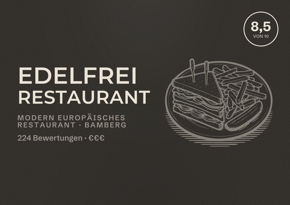 Illustriertes Poster von Edelfrei Restaurant, Modern europäisches Restaurant in Bamberg: Bewertung 8,5 von 10 aus 224 Bewertungen, Preisniveau €€€