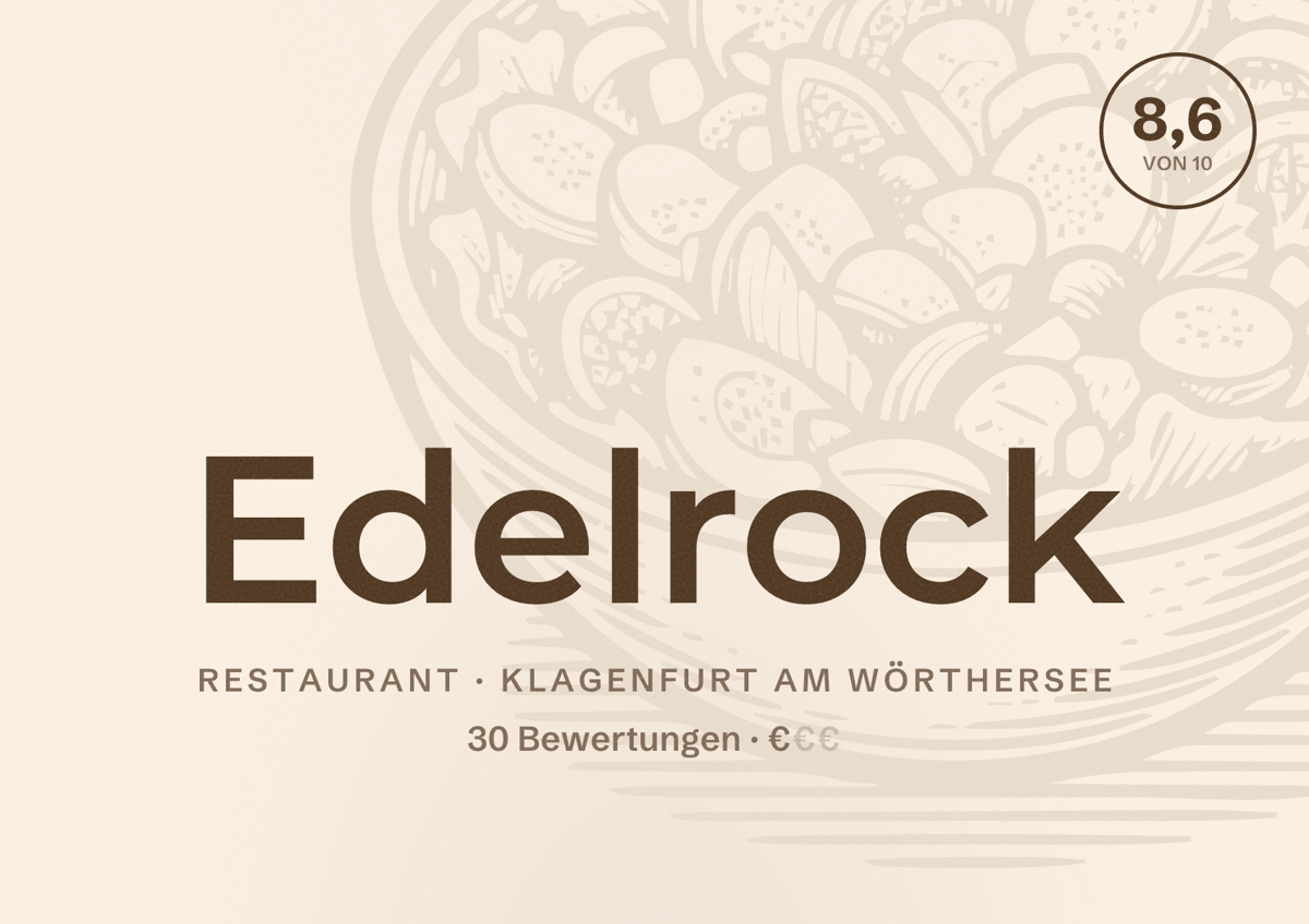 Illustriertes Poster von Edelrock, Restaurant in Klagenfurt am Wörthersee: Bewertung 8,6 von 10 aus 30 Bewertungen, Preisniveau €