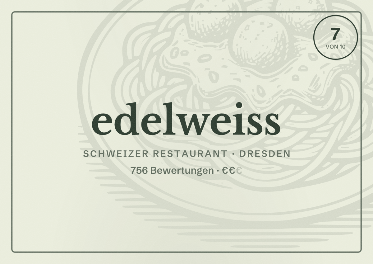 Illustriertes Poster von edelweiss, Schweizer Restaurant in Dresden: Bewertung 7 von 10 aus 756 Bewertungen, Preisniveau €€