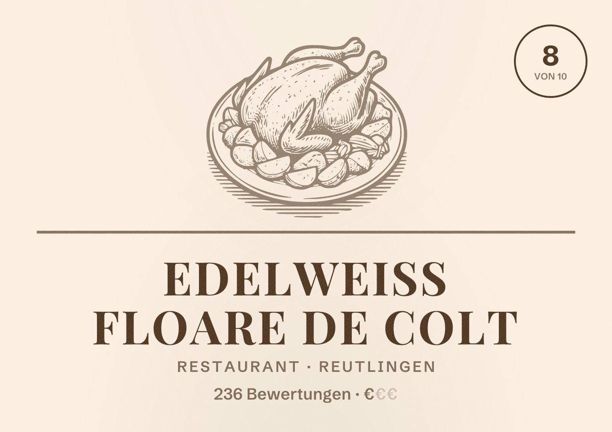 Illustriertes Poster von Edelweiß Floare de colt, Restaurant in Reutlingen: Bewertung 8 von 10 aus 236 Bewertungen, Preisniveau €