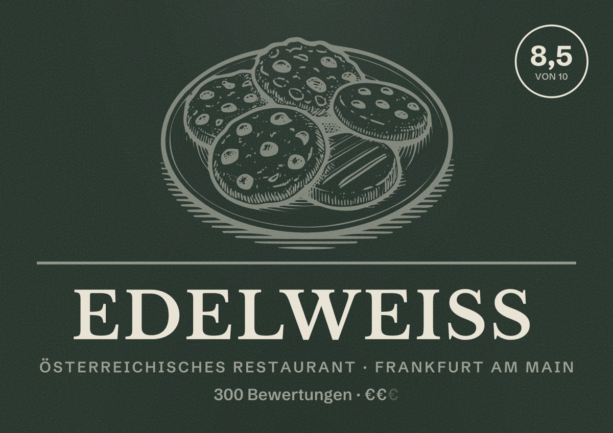 Illustriertes Poster von Edelweiss, Österreichisches Restaurant in Frankfurt am Main: Bewertung 8,5 von 10 aus 300 Bewertungen, Preisniveau €€