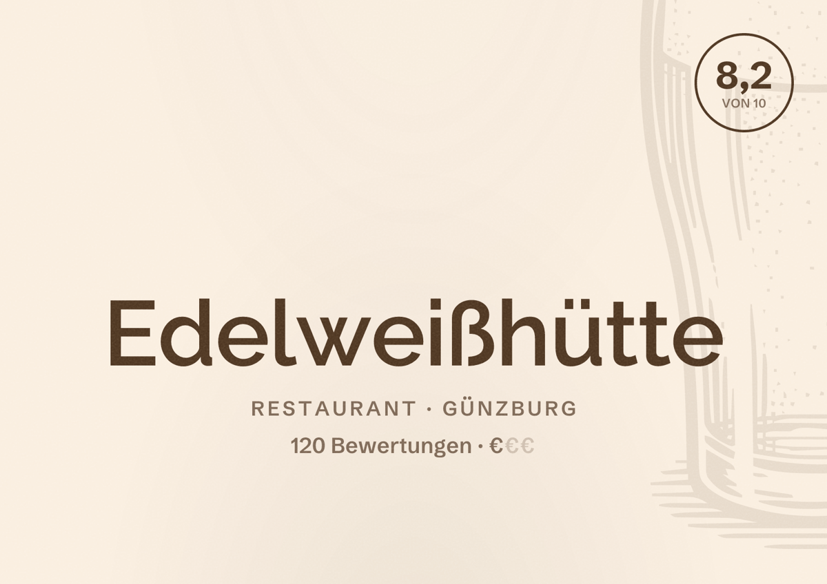 Illustriertes Poster von Edelweißhütte, Restaurant in Günzburg: Bewertung 8,2 von 10 aus 120 Bewertungen, Preisniveau €