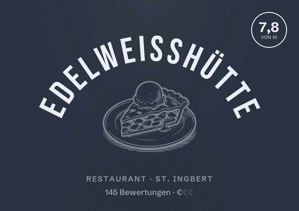 Illustriertes Poster von Edelweißhütte, Restaurant in St. Ingbert: Bewertung 7,8 von 10 aus 145 Bewertungen, Preisniveau €