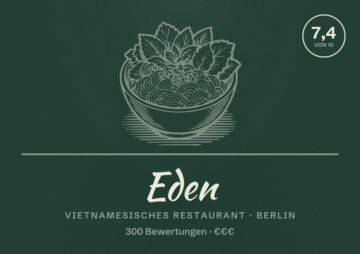 Illustriertes Poster von Eden, Vietnamesisches Restaurant in Berlin: Bewertung 7,4 von 10 aus 300 Bewertungen, Preisniveau €€€