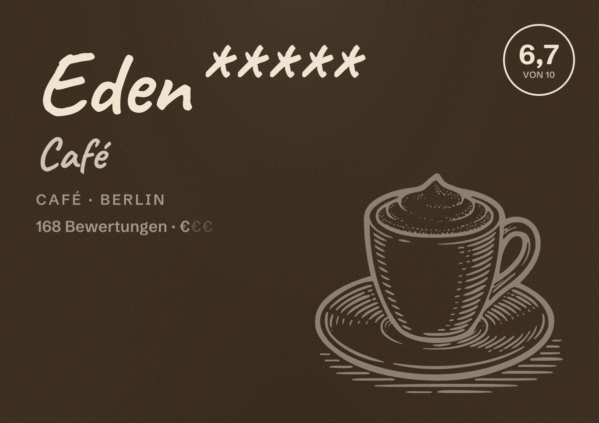 Illustriertes Poster von Eden***** Café, Café in Berlin: Bewertung 6,7 von 10 aus 168 Bewertungen, Preisniveau €