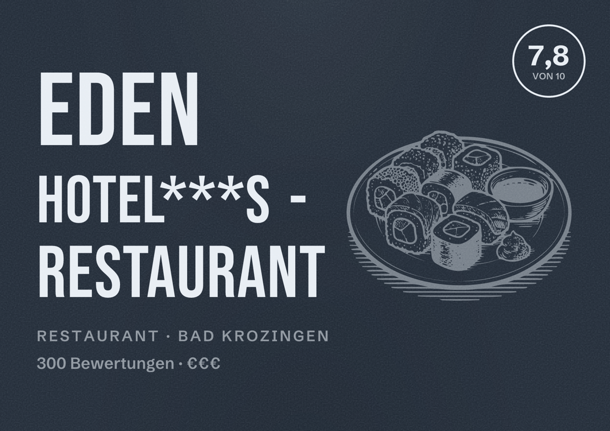 Illustriertes Poster von Eden Hotel***S - Restaurant, Restaurant in Bad Krozingen: Bewertung 7,8 von 10 aus 300 Bewertungen, Preisniveau €€€