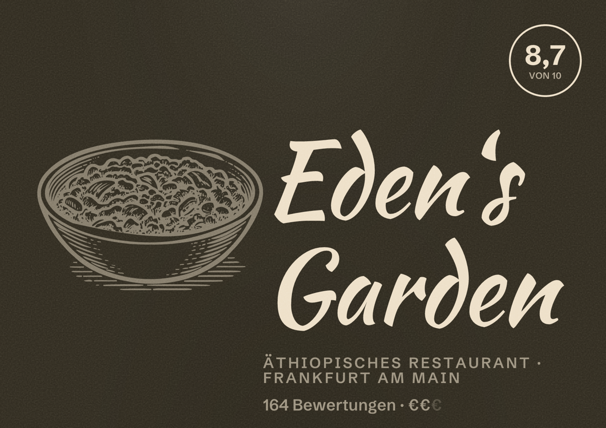 Illustriertes Poster von Eden‘s Garden, Äthiopisches Restaurant in Frankfurt am Main: Bewertung 8,7 von 10 aus 164 Bewertungen, Preisniveau €€