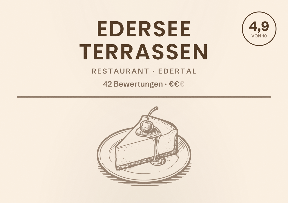 Illustriertes Poster von Edersee Terrassen, Restaurant in Edertal: Bewertung 4,9 von 10 aus 42 Bewertungen, Preisniveau €€
