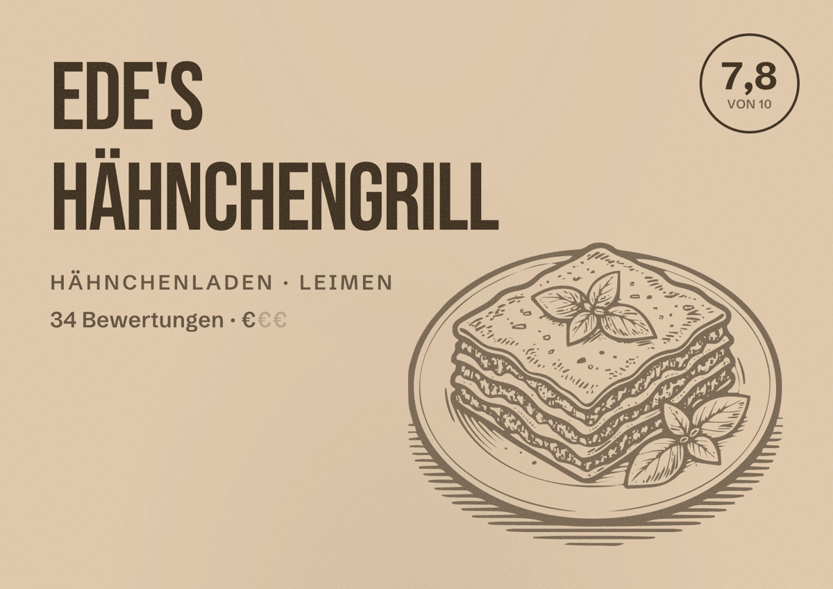 Illustriertes Poster von Ede's Hähnchengrill, Hähnchenladen in Leimen: Bewertung 7,8 von 10 aus 34 Bewertungen, Preisniveau €