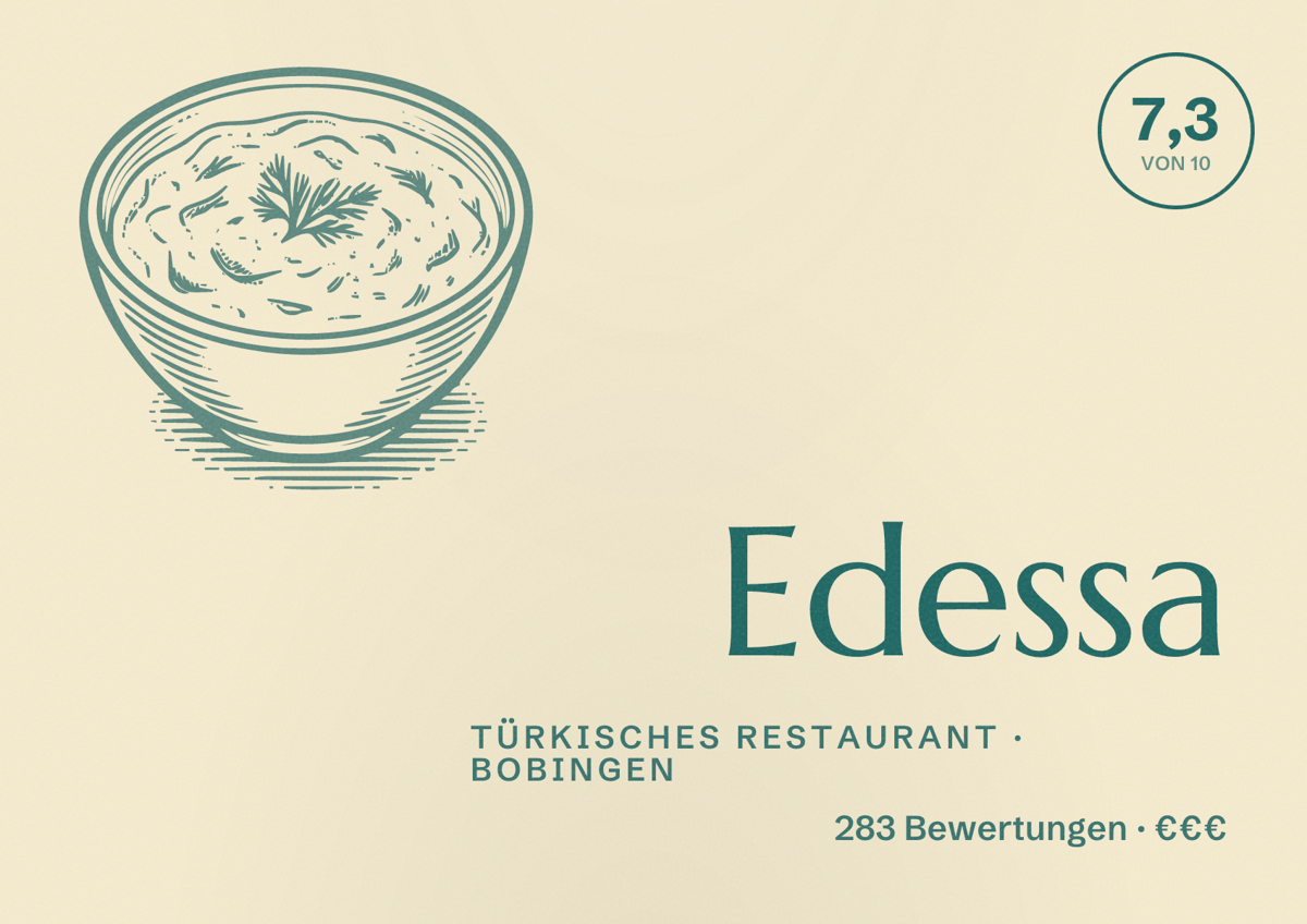 Illustriertes Poster von Edessa, Türkisches Restaurant in Bobingen: Bewertung 7,3 von 10 aus 283 Bewertungen, Preisniveau €€€