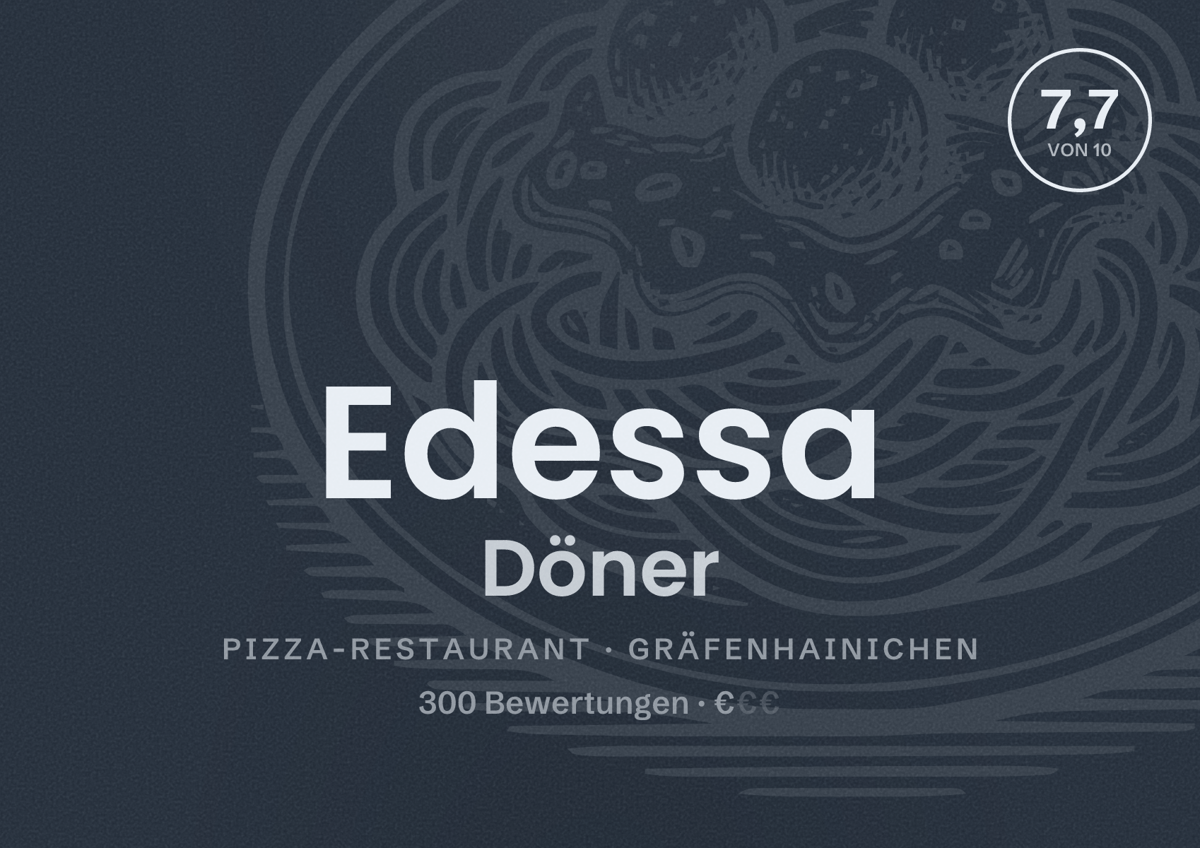 Illustriertes Poster von Edessa Döner, Pizza-Restaurant in Gräfenhainichen: Bewertung 7,7 von 10 aus 300 Bewertungen, Preisniveau €