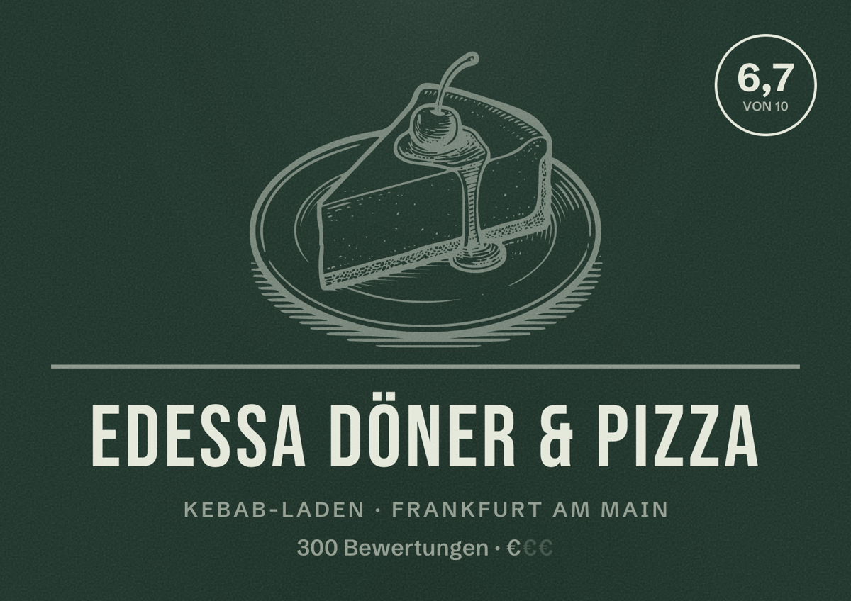 Illustriertes Poster von Edessa Döner & Pizza, Kebab-Laden in Frankfurt am Main: Bewertung 6,7 von 10 aus 300 Bewertungen, Preisniveau €