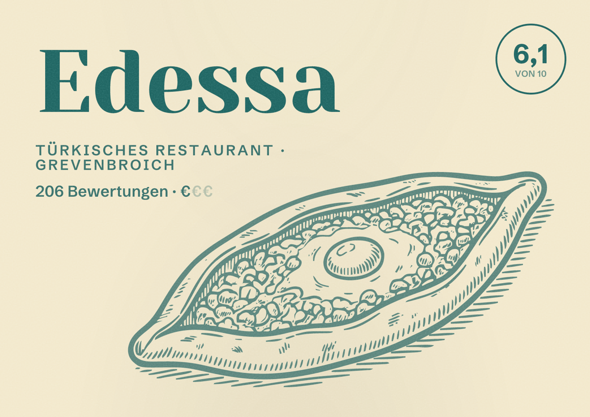 Illustriertes Poster von Edessa, Türkisches Restaurant in Grevenbroich: Bewertung 6,1 von 10 aus 206 Bewertungen, Preisniveau €