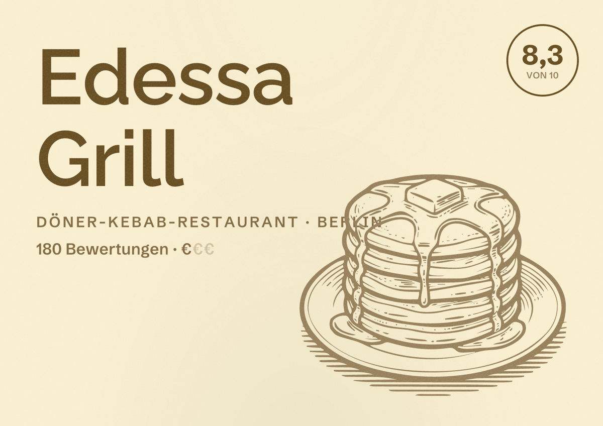 Illustriertes Poster von Edessa Grill, Döner-Kebab-Restaurant in Berlin: Bewertung 8,3 von 10 aus 180 Bewertungen, Preisniveau €