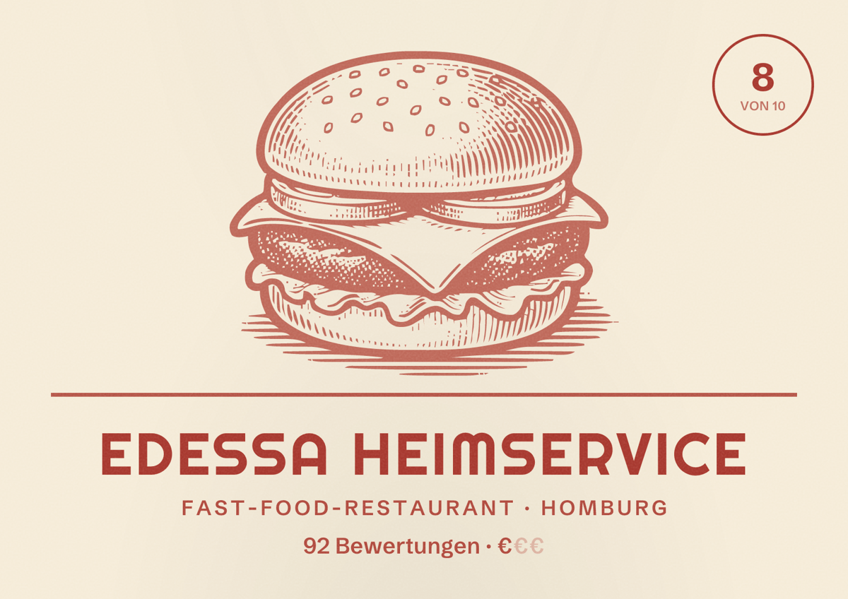 Illustriertes Poster von Edessa Heimservice, Fast-Food-Restaurant in Homburg: Bewertung 8 von 10 aus 92 Bewertungen, Preisniveau €