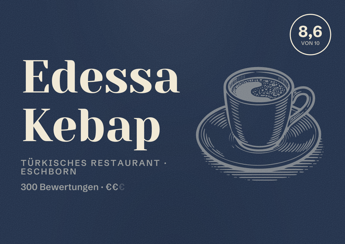 Illustriertes Poster von Edessa Kebap, Türkisches Restaurant in Eschborn: Bewertung 8,6 von 10 aus 300 Bewertungen, Preisniveau €€