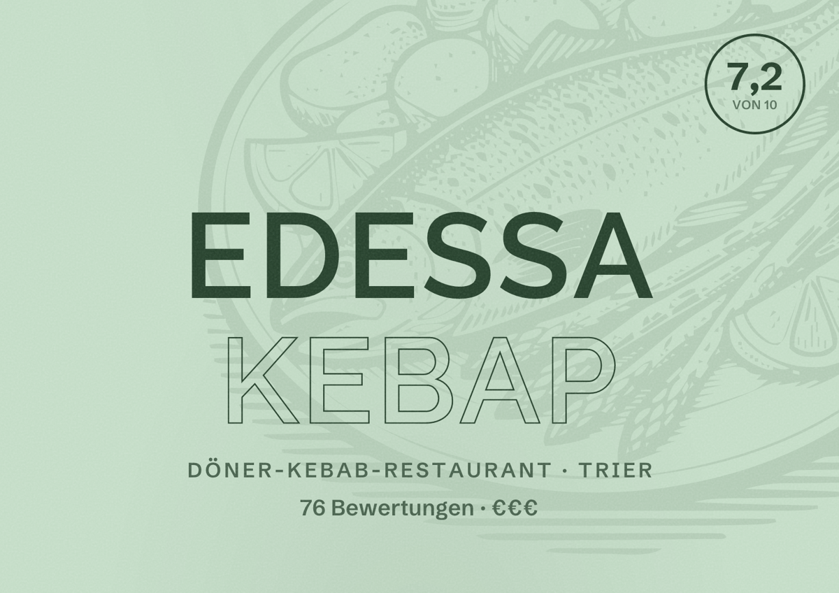 Illustriertes Poster von Edessa Kebap, Döner-Kebab-Restaurant in Trier: Bewertung 7,2 von 10 aus 76 Bewertungen, Preisniveau €€€