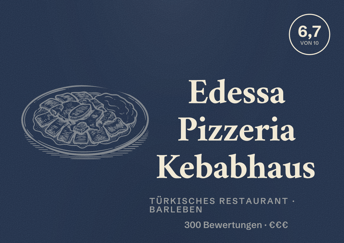 Illustriertes Poster von Edessa Pizzeria Kebabhaus, Türkisches Restaurant in Barleben: Bewertung 6,7 von 10 aus 300 Bewertungen, Preisniveau €€€