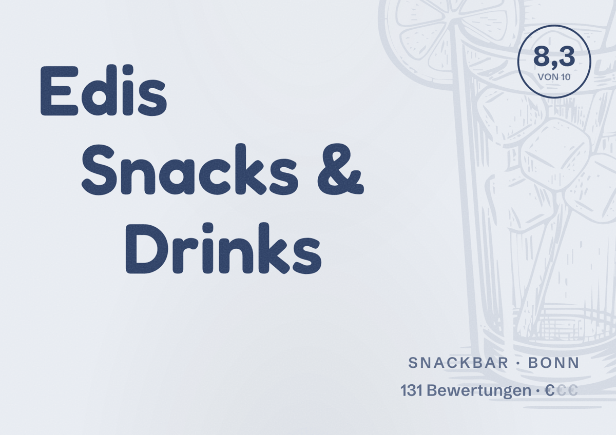 Illustriertes Poster von Edis Snacks & Drinks, Snackbar in Bonn: Bewertung 8,3 von 10 aus 131 Bewertungen, Preisniveau €