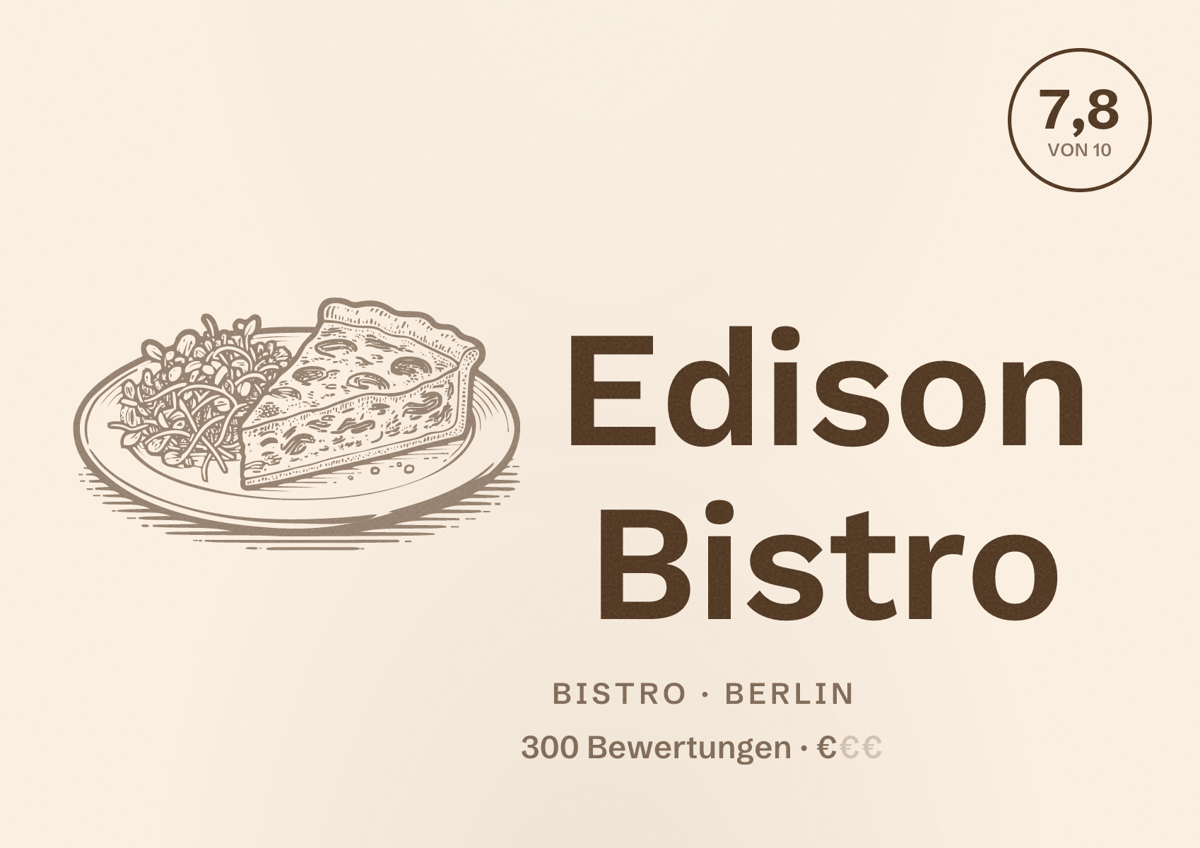Illustriertes Poster von Edison Bistro, Bistro in Berlin: Bewertung 7,8 von 10 aus 300 Bewertungen, Preisniveau €